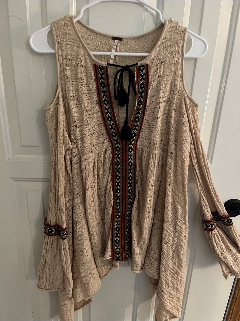 Free People Beige Cold-Shoulder Tunic with Embroidered Panel